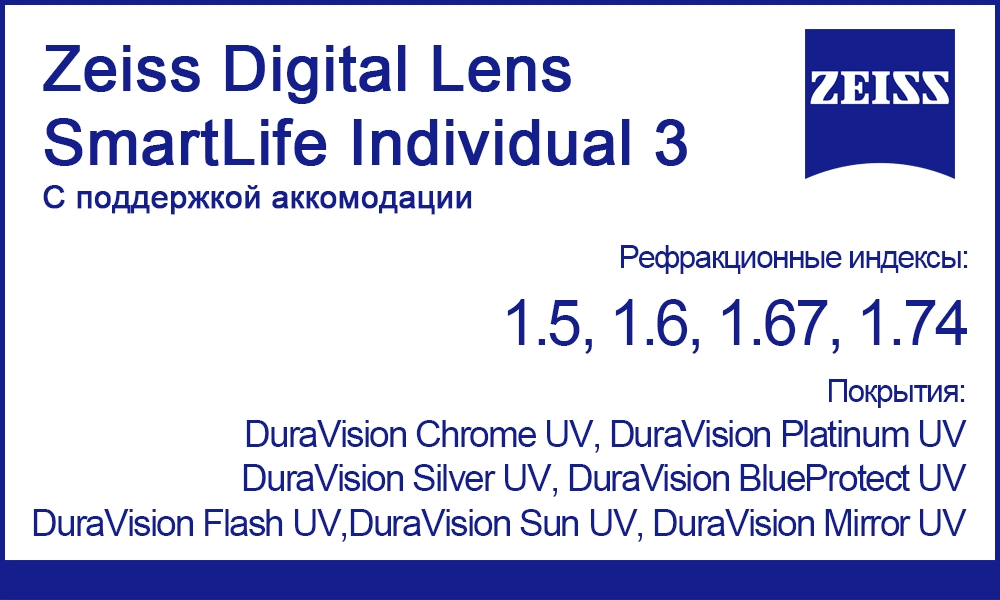Линзы Zeiss Digital Lens SmartLife Individual 3 с поддержкой аккомодации