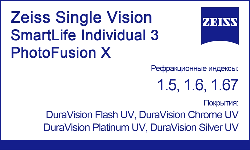 Фотохромные линзы Zeiss Single Vision SmartLife Individual 3 PhotoFusion X