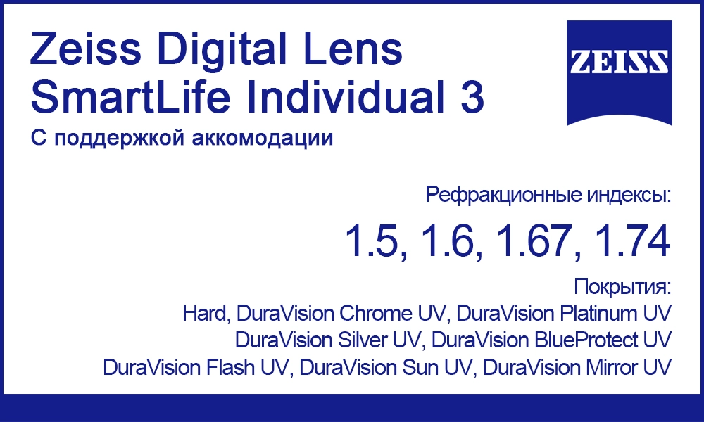 Линзы Zeiss Digital Lens SmartLife Individual 3 с поддержкой аккомодации