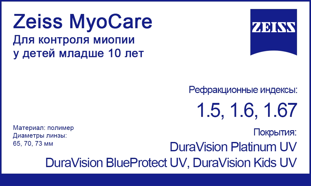 Однофокальные линзы Zeiss MyoCare 1.5, 1.6, 1.67 для контроля миопии