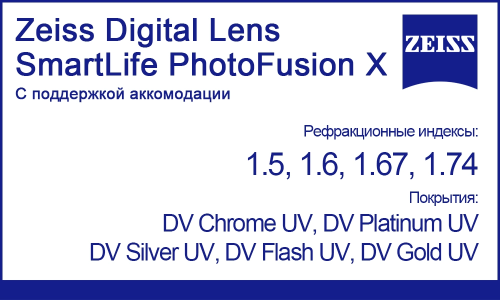 Линзы Zeiss Digital Lens SmartLife PhotoFusion X с поддержкой аккомодации