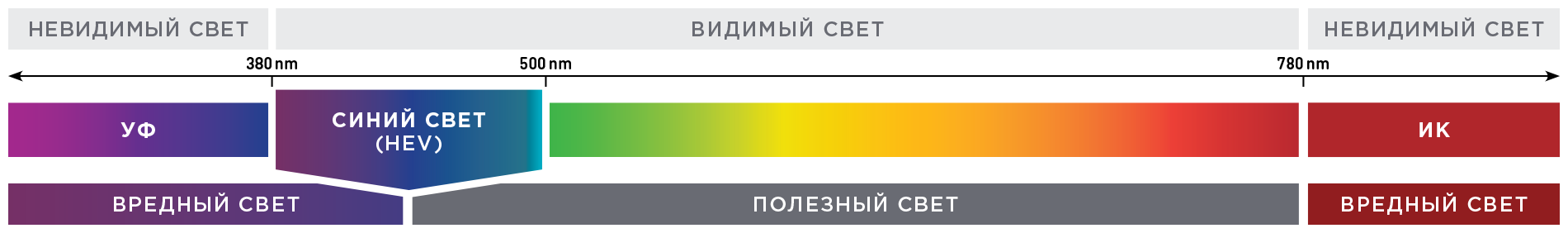 Схематичное изображение спектра синего света и его источников